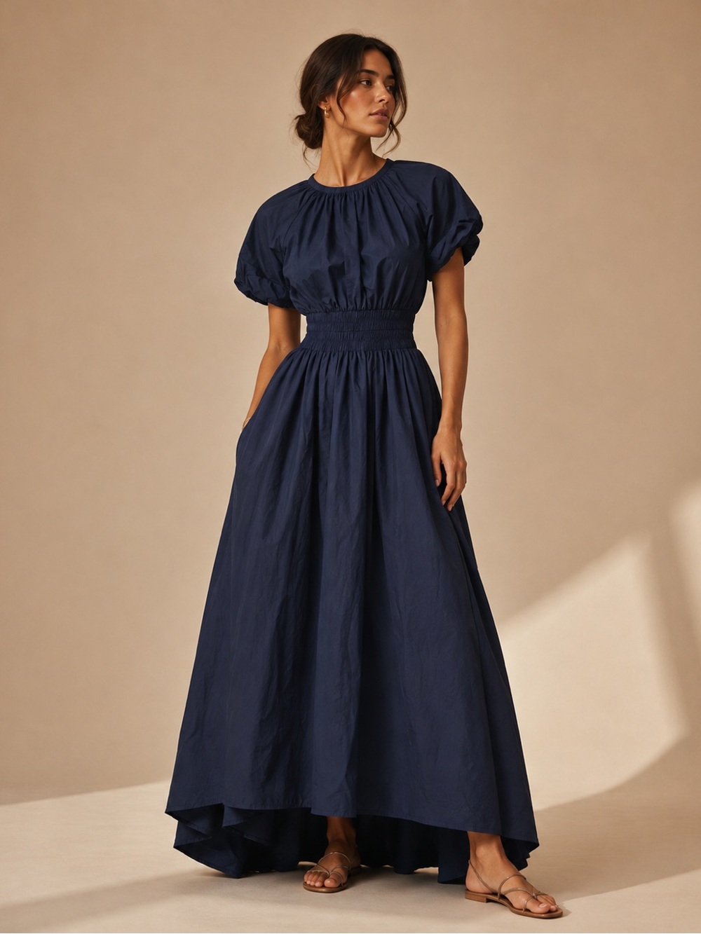 Chelsea28 Navy Blue High Low Midi Dress L Smocked Waist Flowy Romantic
